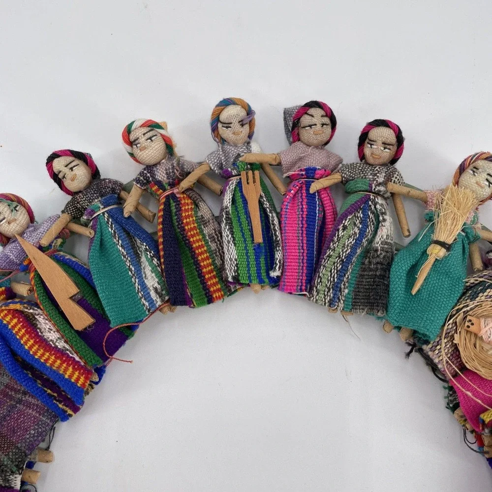 Handmade Guatemalan Worry Doll Wreath 12.5in Colorful FolkArt Wall Hanging Decor